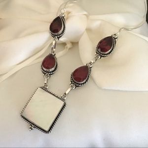 Sterling Silver Red Ruby Garnet & Mother Of Pearl Necklace 19” New